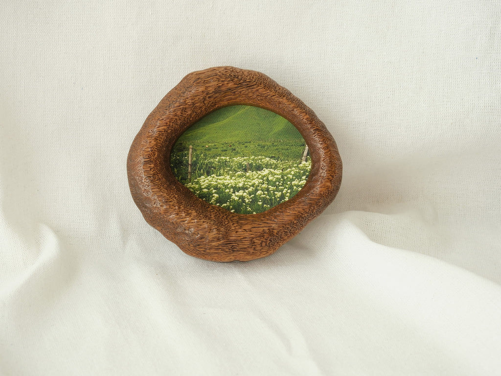 A soft-focus lifestyle shot of the lake-shaped organic wood frame resting on drapes of white fabric, showcasing its sculptural presence as a gentle wall accent with the meadow landscape art.