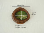 Size chart for the lake-shaped organic wood frame, specifying external dimensions of 14x12.5cm (5.5x4.9in) and inner artwork dimensions of 7x9cm (2.7x3.5in).