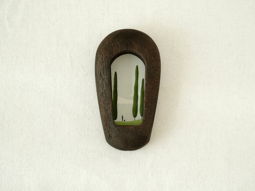 Front view of a slim black arched wood frame, featuring a minimalist silhouette and rich dark grain texture.