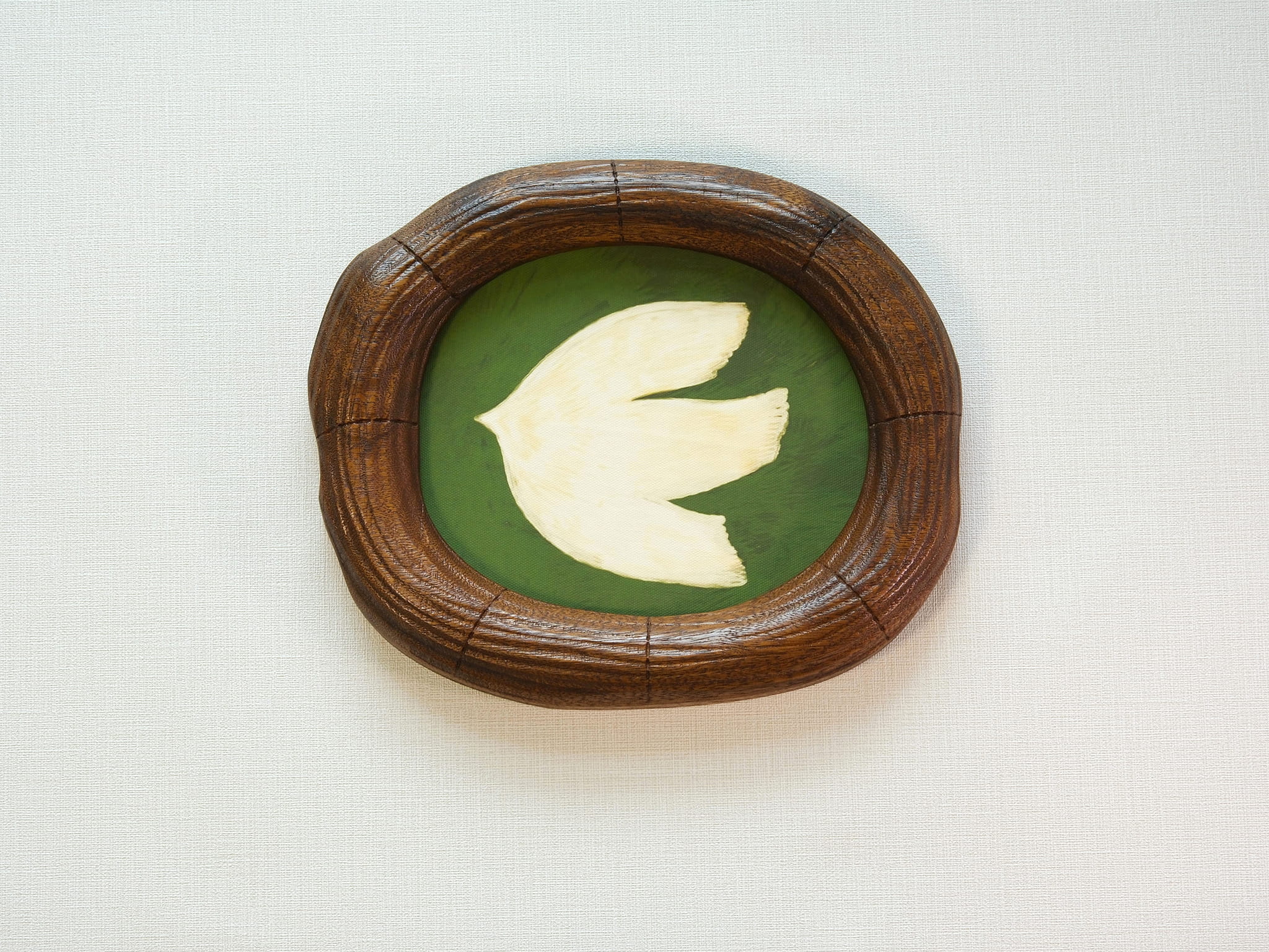Large walnut wood wall art picture frame with dove artwork, front view.