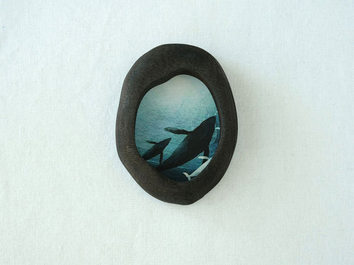 black walnut wood wall art frame ocean whale illustration handmade wall decor
