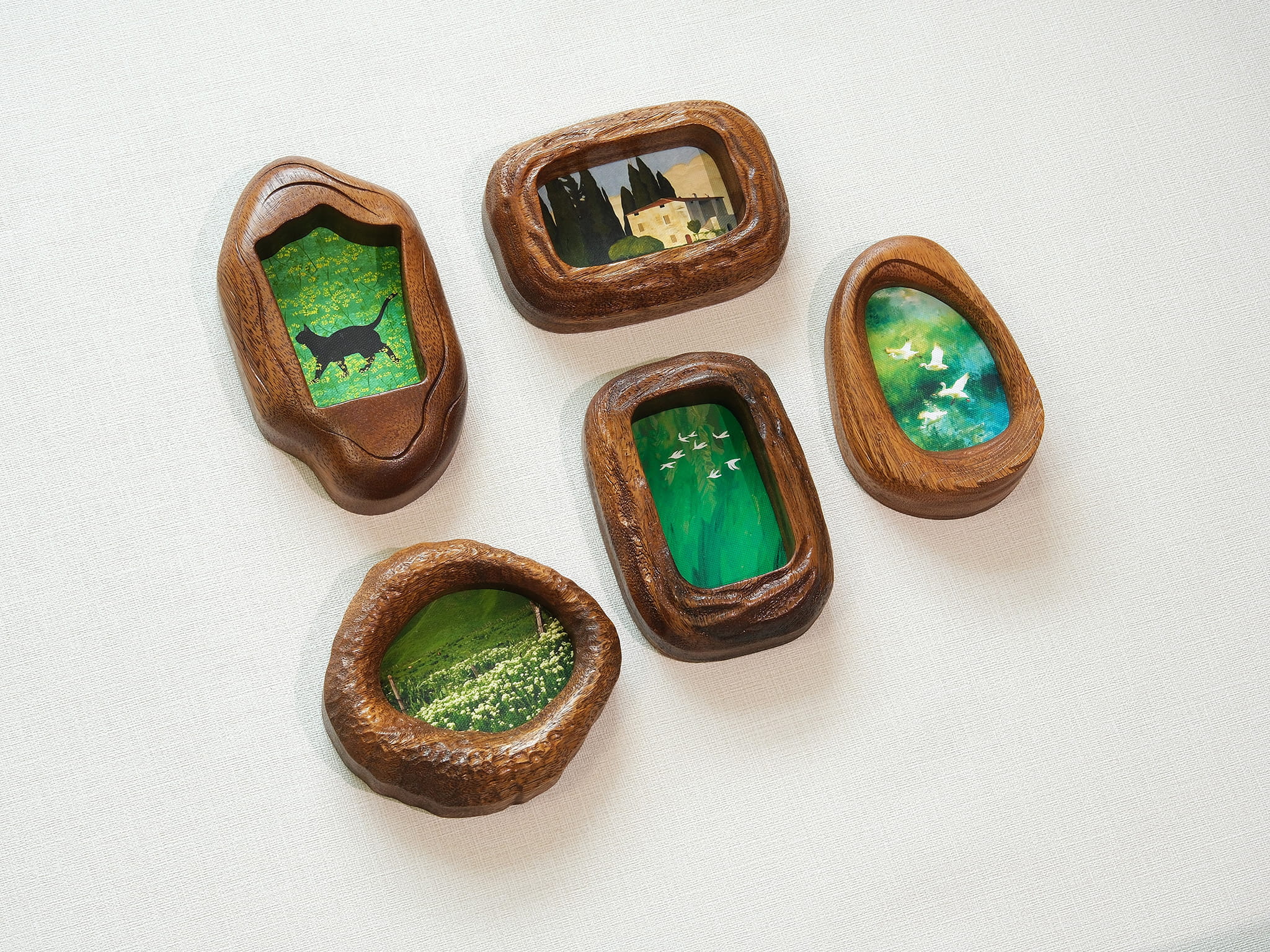 Handmade Solid Walnut Wood Wall Hanging Picture Frame Set with Artwork