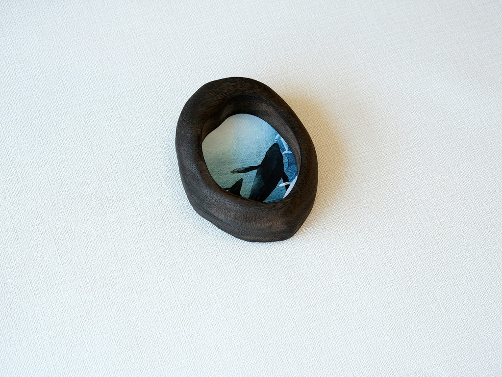 black walnut wood wall art frame curved organic shape whale illustration handmade decor