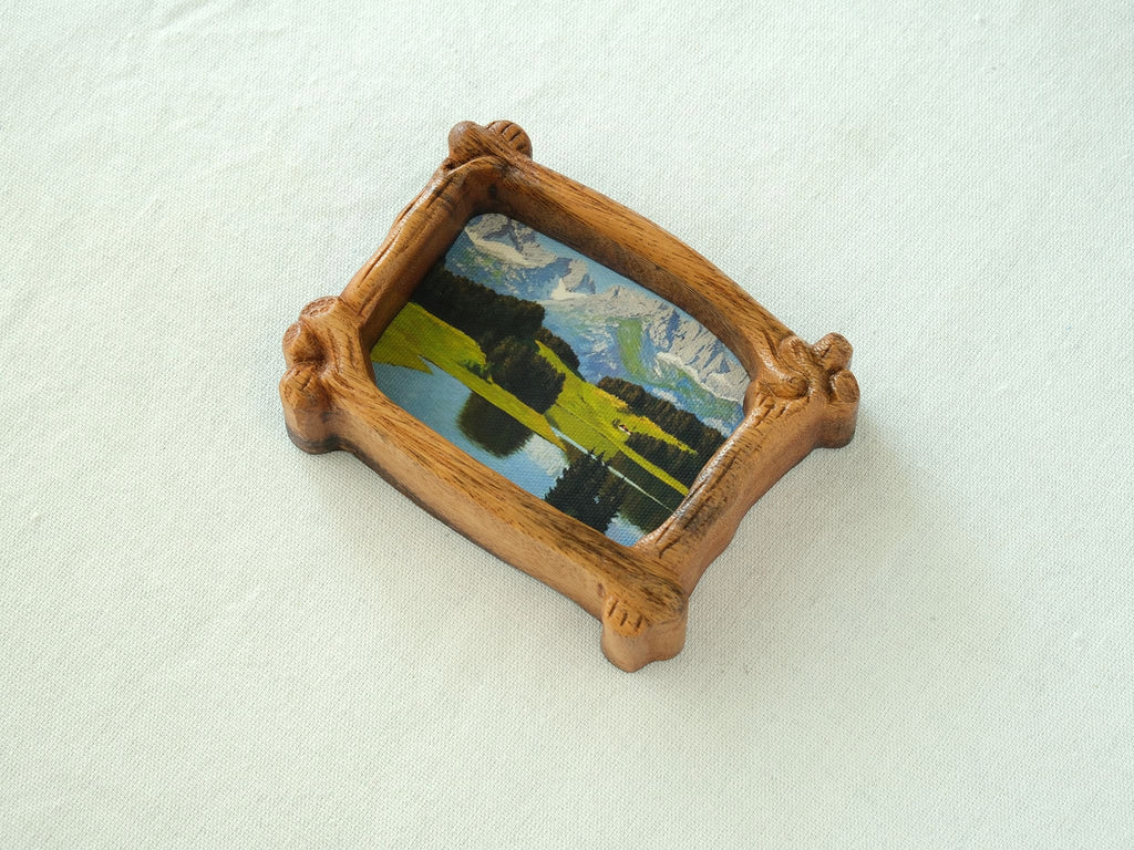 Handmade wooden forest art frame for desktop decor with green tree landscape miniature design.