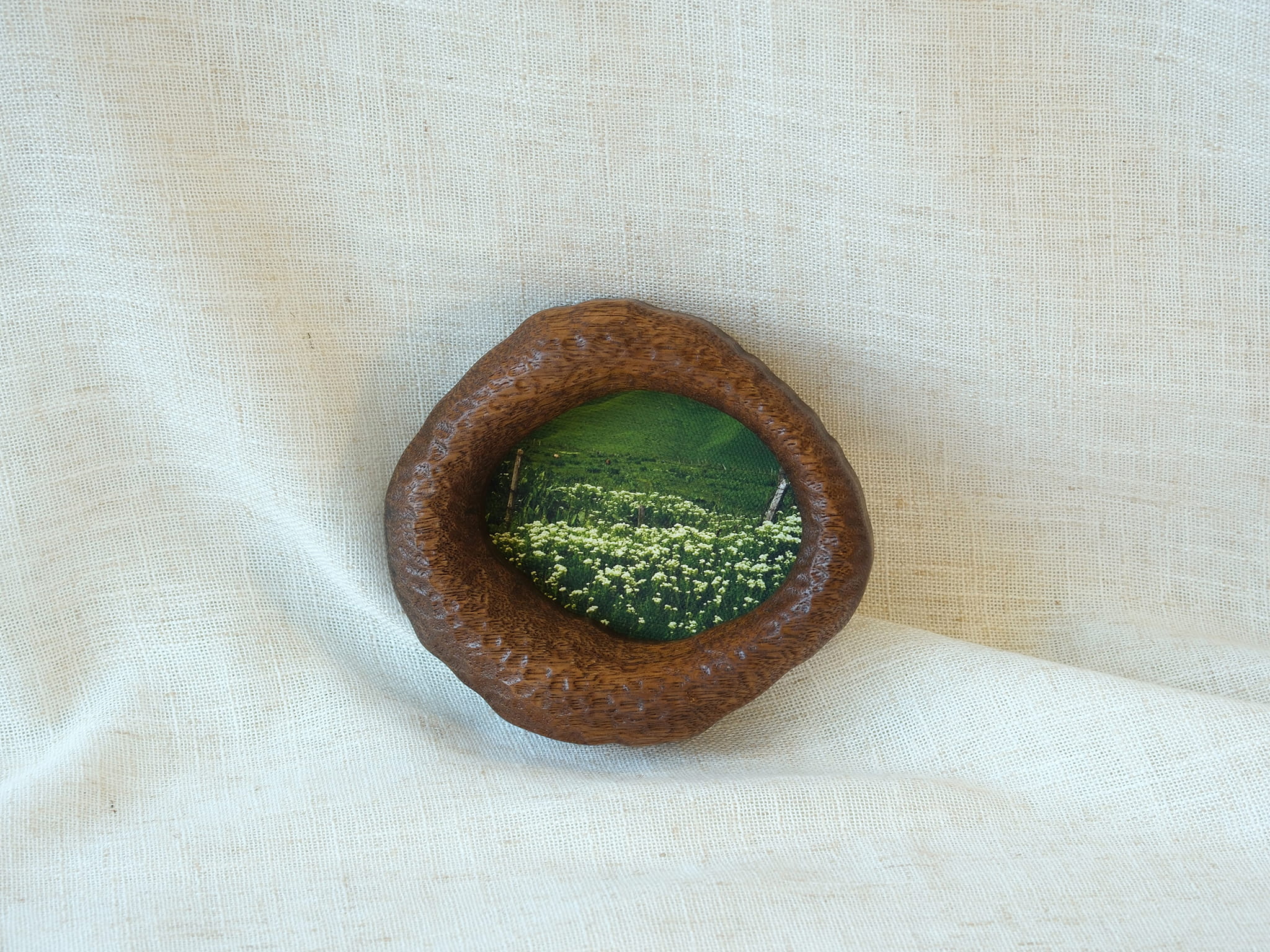 A soft-focus lifestyle shot of the lake-shaped organic wood frame resting on drapes of white fabric, showcasing its sculptural presence as a gentle wall accent with the meadow landscape art.