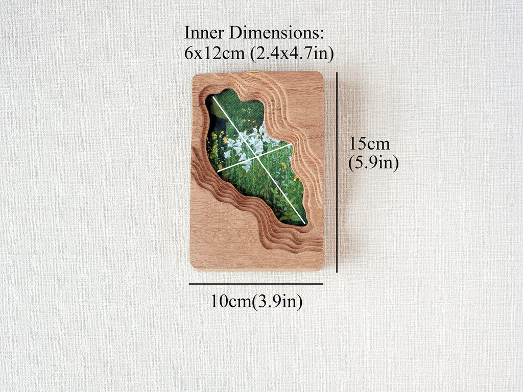 Handmade solid wood wall art frame size guide with outer and inner dimensions.