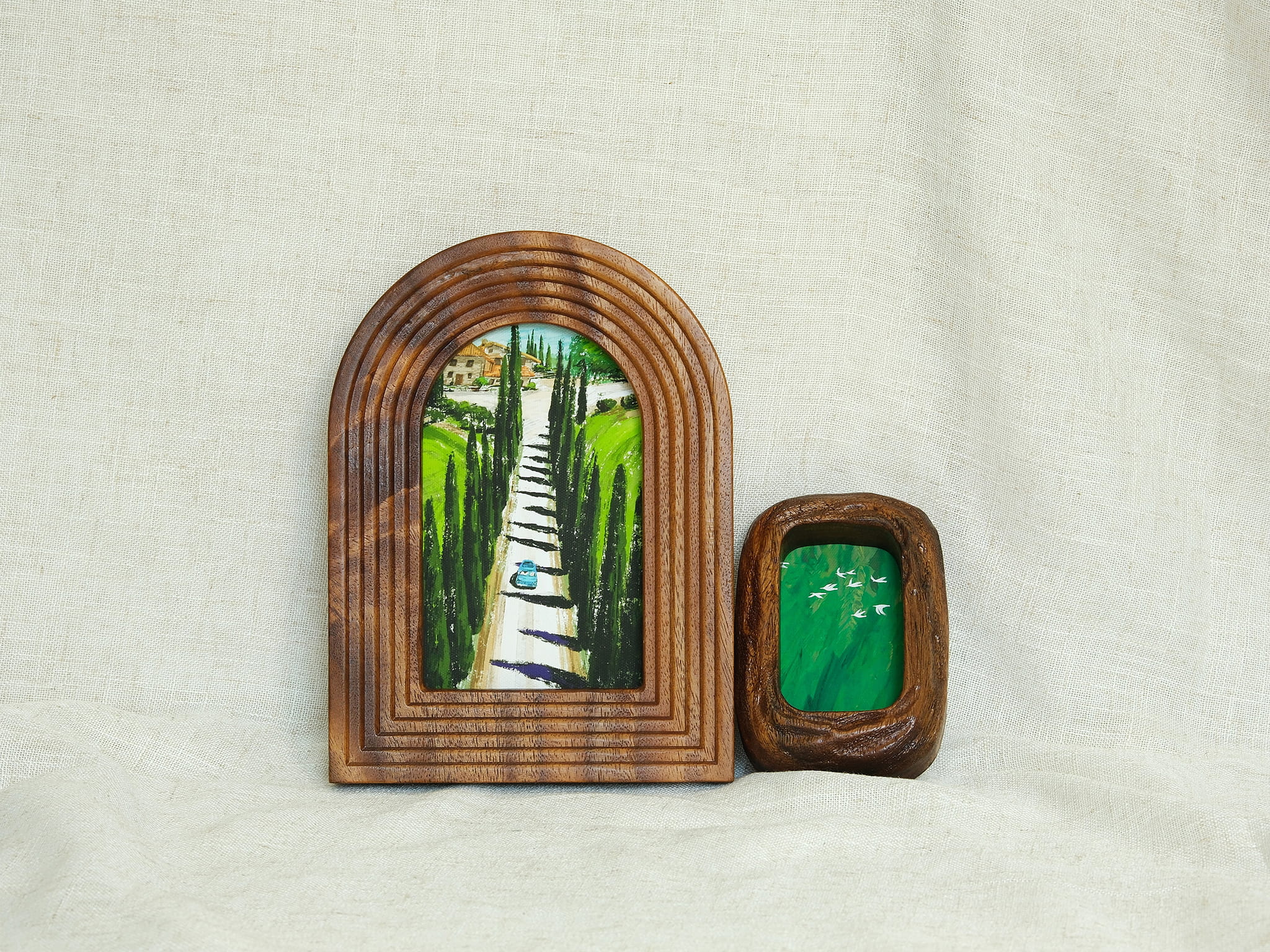 Large and Small Solid Walnut Wood Wall Hanging Picture Frame Set with Artwork