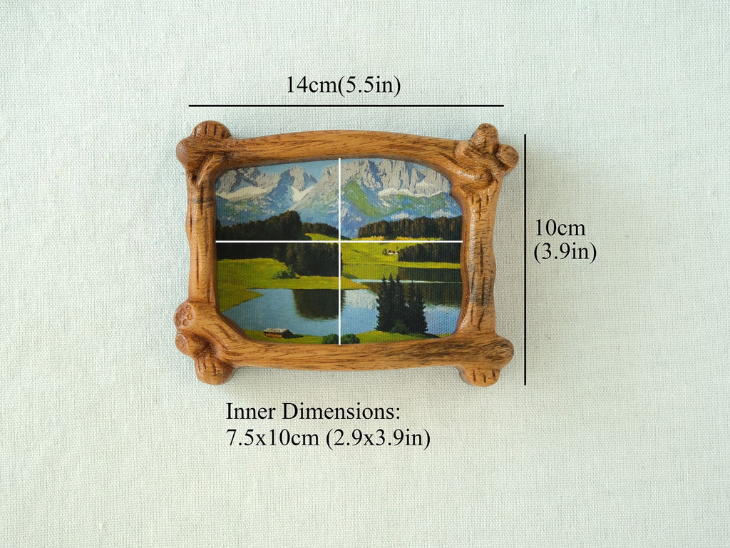 Front view of handmade wooden forest art frame desktop decor showing 14x10cm dimensions.