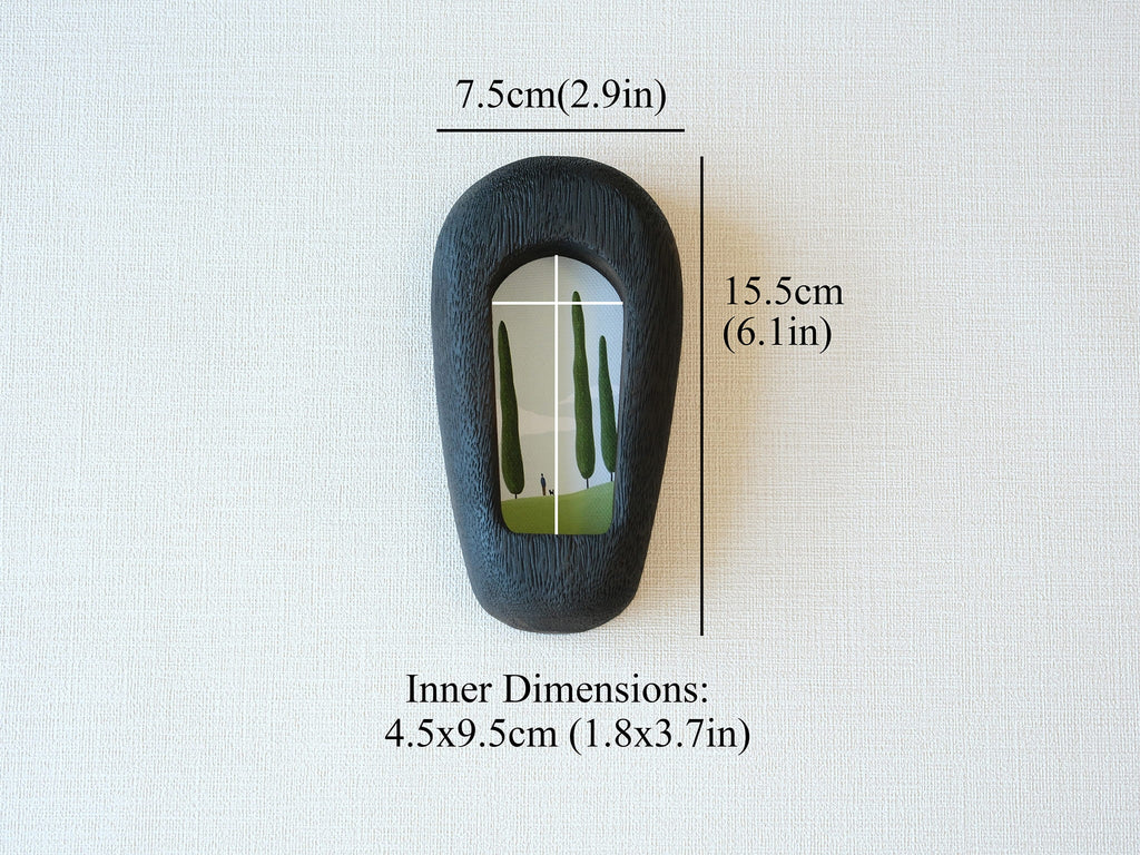 Dimensions for the black slim arch: 15.5x7.5cm outer size, with a 4.5x9.5cm inner window for vertical art.