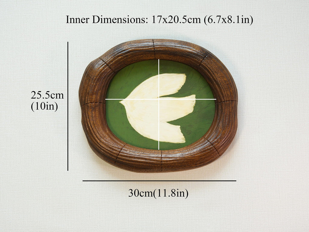 Large walnut wood picture frame size guide with 30 x 25.5 cm outer size and 17 x 20.5 cm inner size.