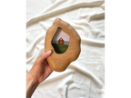 Solid wood wall hanging art picture frame with red house artwork, hand held display.