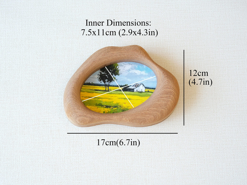 Dimension guide for the cloud wood frame: 17x12cm outer size, with a 7.5x11cm inner window for artwork.