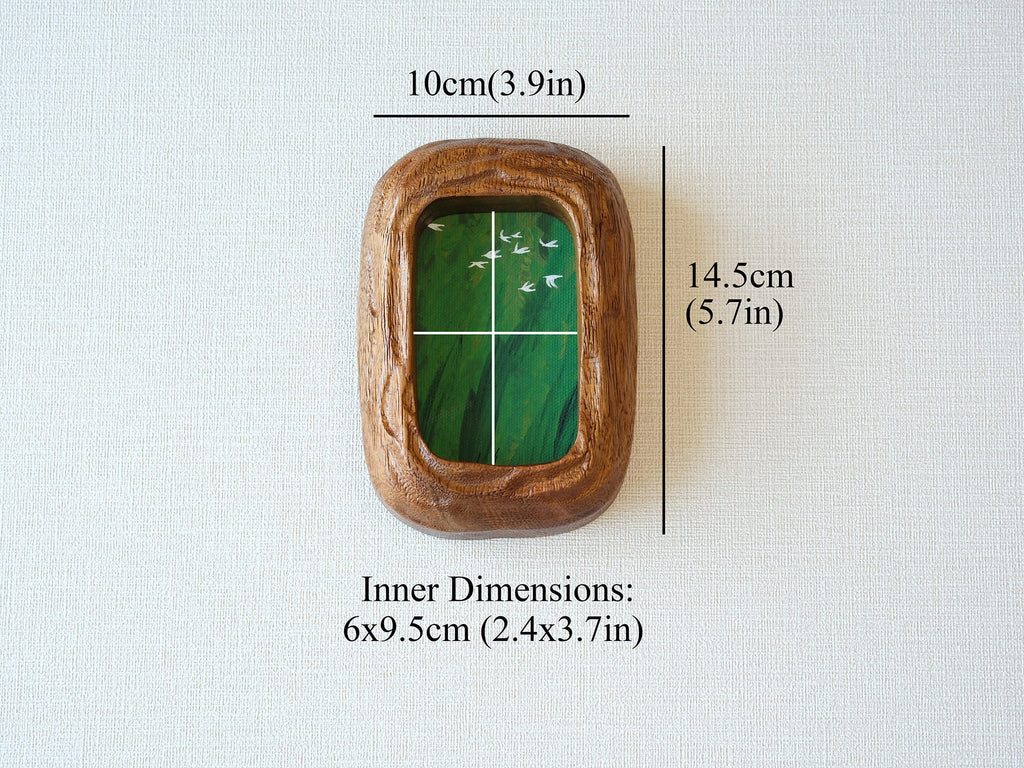 Size chart of the Rounded Rectangle solid wood frame, indicating external dimensions of 14.5x10cm (5.7x3.9in) and inner artwork dimensions of 6x9.5cm (2.4x3.7in).