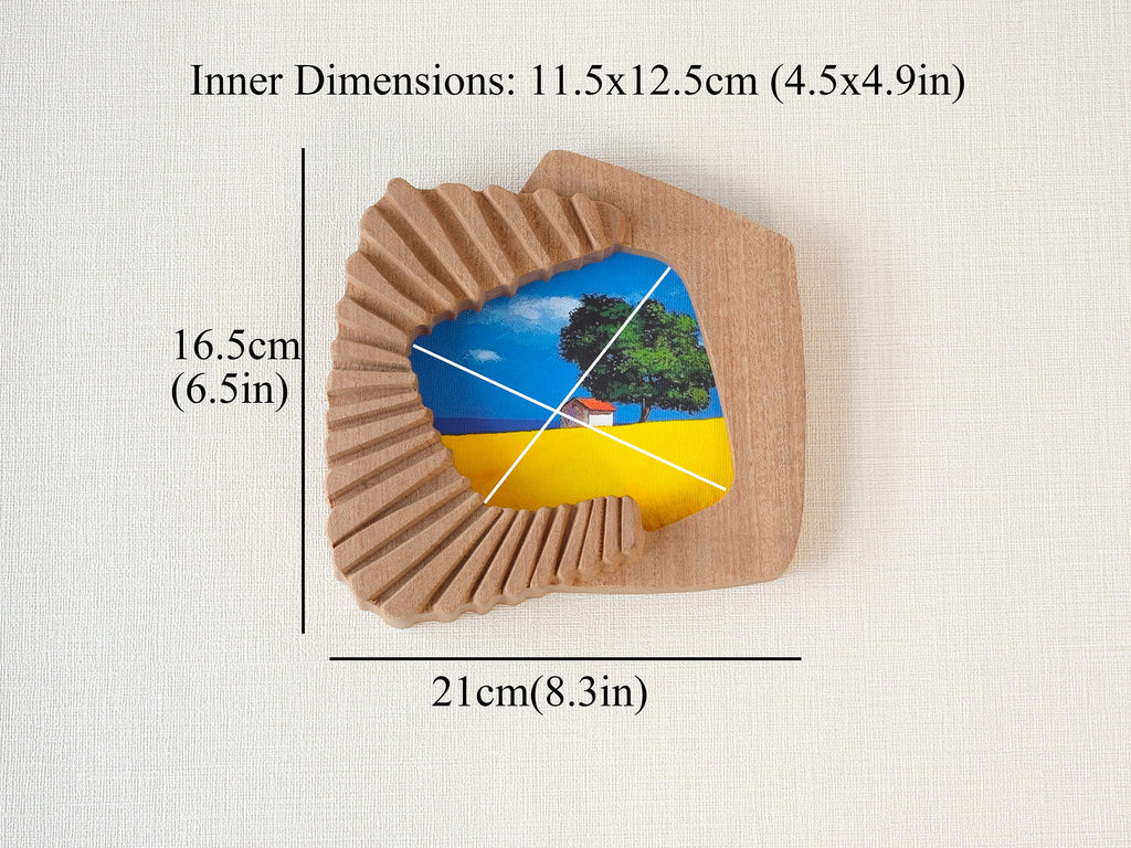 Size guide for accordion-inspired solid wood wall art picture frame with outer and inner artwork dimensions.