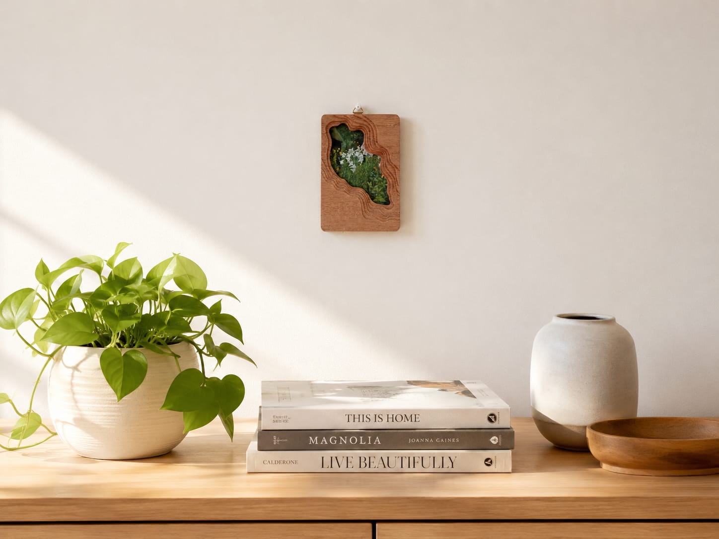 Handmade solid wood wall hanging art frame displayed in a warm home interior with books, candles, and green plants.