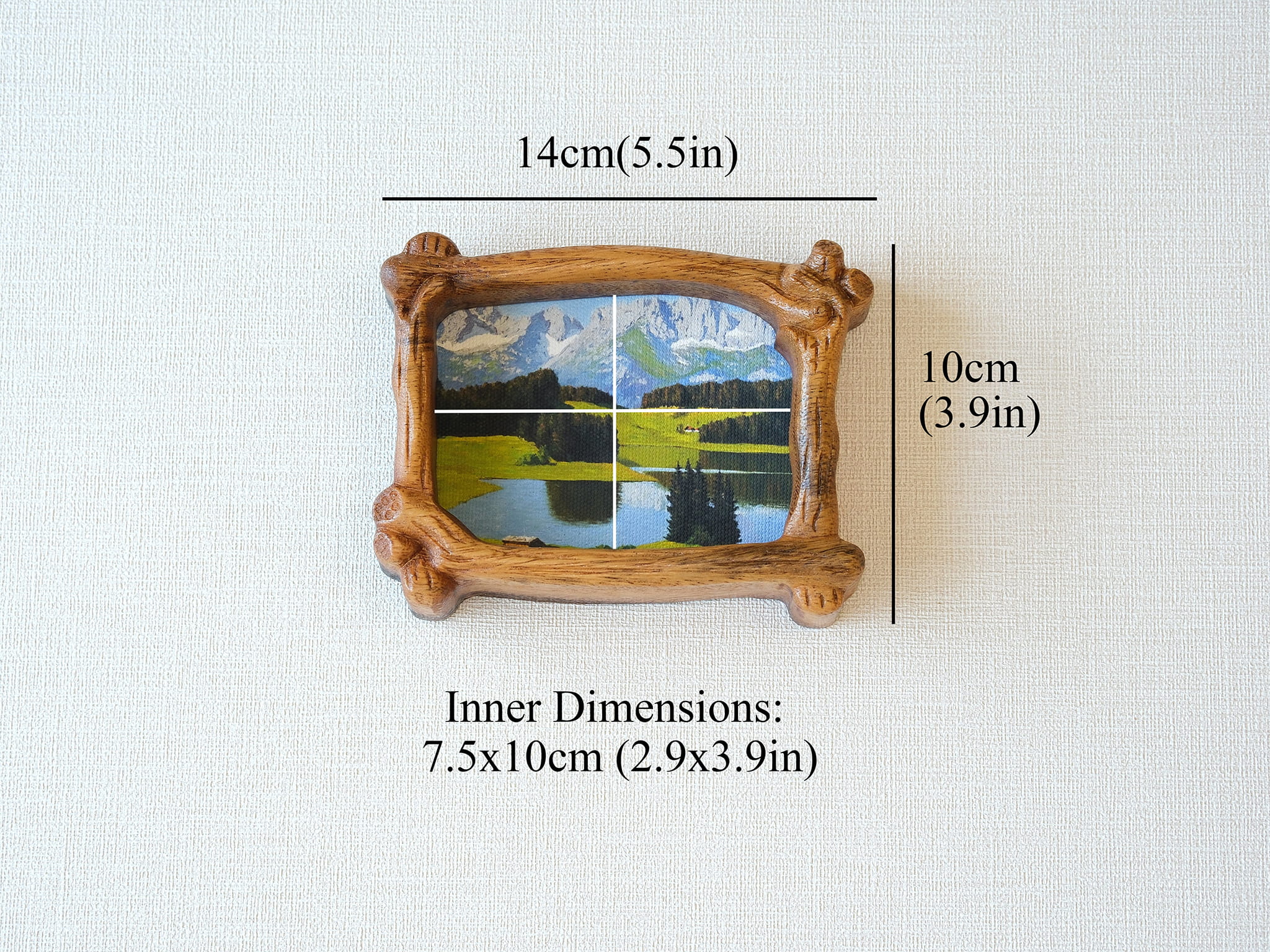 Front view of handmade wooden forest art frame desktop decor showing 14x10cm dimensions.