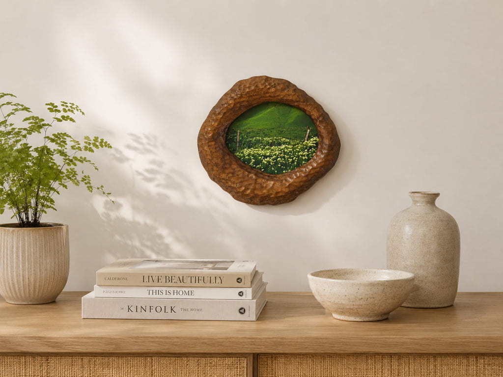 Large walnut wood wall art picture frame with green landscape artwork in a warm home setting.