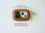 Size guide for the walnut wood frame showing outer dimensions 14.5x10cm and inner art size 6x9.5cm.