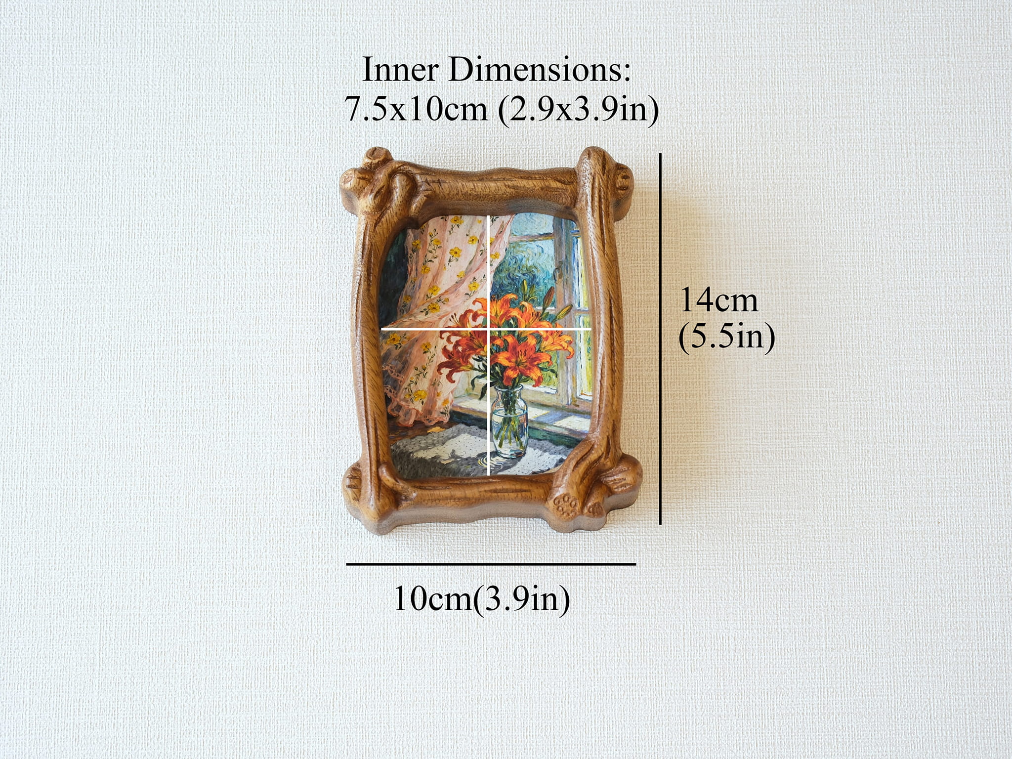 Size chart of the organic wood frame showing outer dimensions 14x10cm and inner photo dimensions 7.5x10cm (2.9x3.9in).