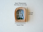 Dimensions for the soft arched frame: 12.5x9cm outer size, with a 6x8.5cm inner window for artistic prints.