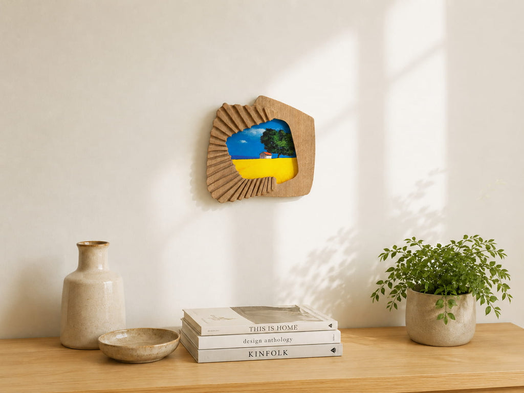 Accordion-inspired solid wood wall hanging picture frame in a warm home setting.