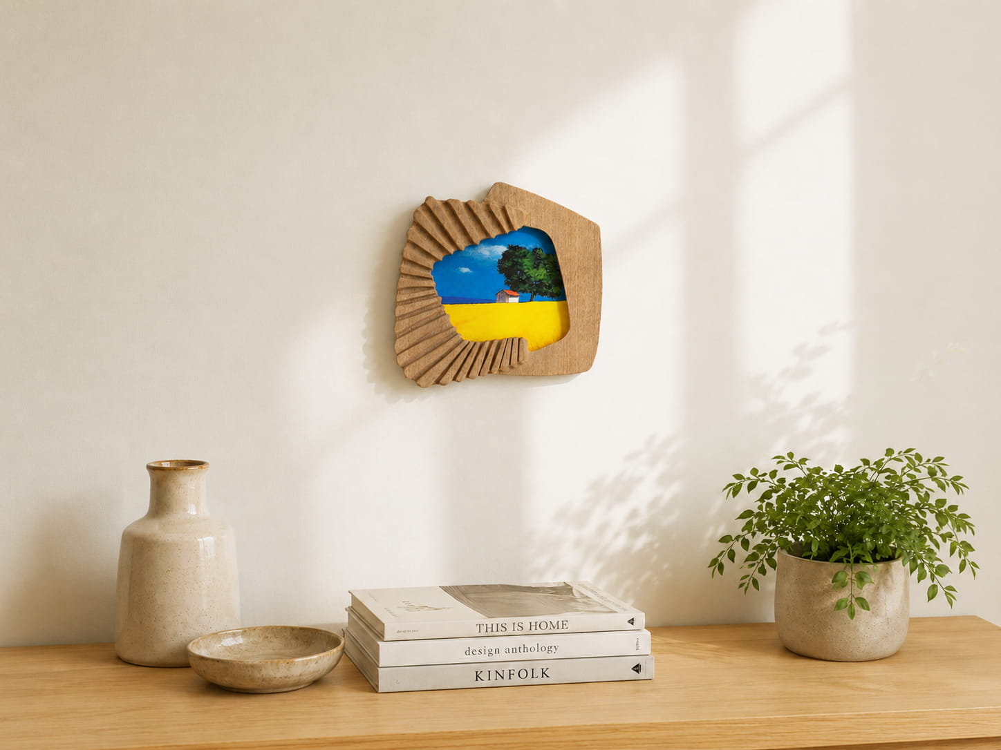 Accordion-inspired solid wood wall hanging picture frame in a warm home setting.
