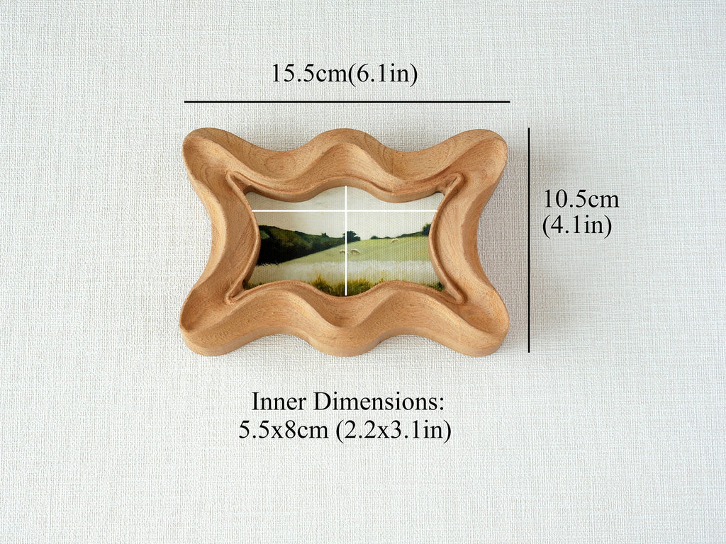 Dimensions for the wave frame: 15.5x10.5cm outer size, with a 5.5x8cm inner window for landscape artwork.