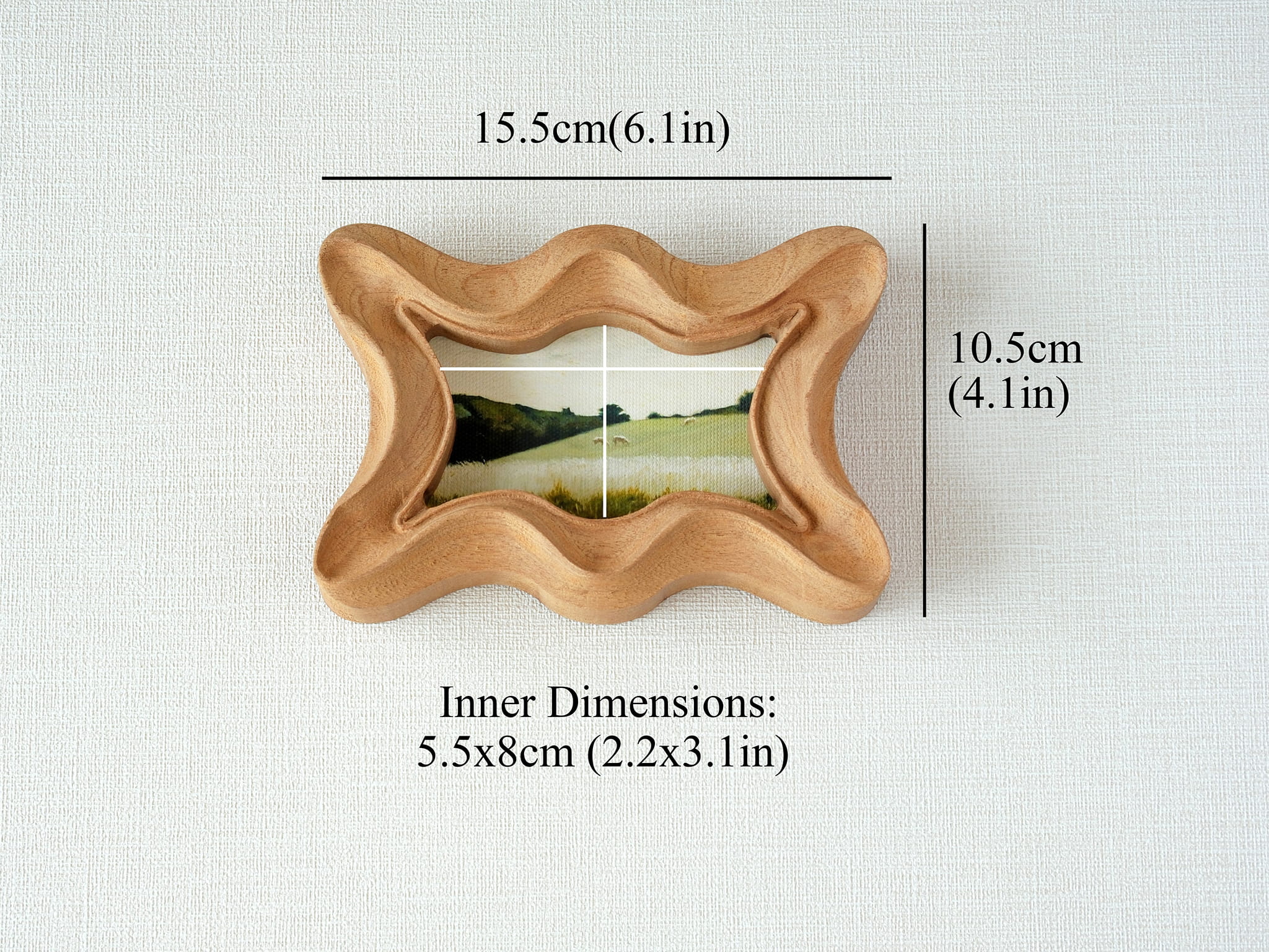 Dimensions for the wave frame: 15.5x10.5cm outer size, with a 5.5x8cm inner window for landscape artwork.