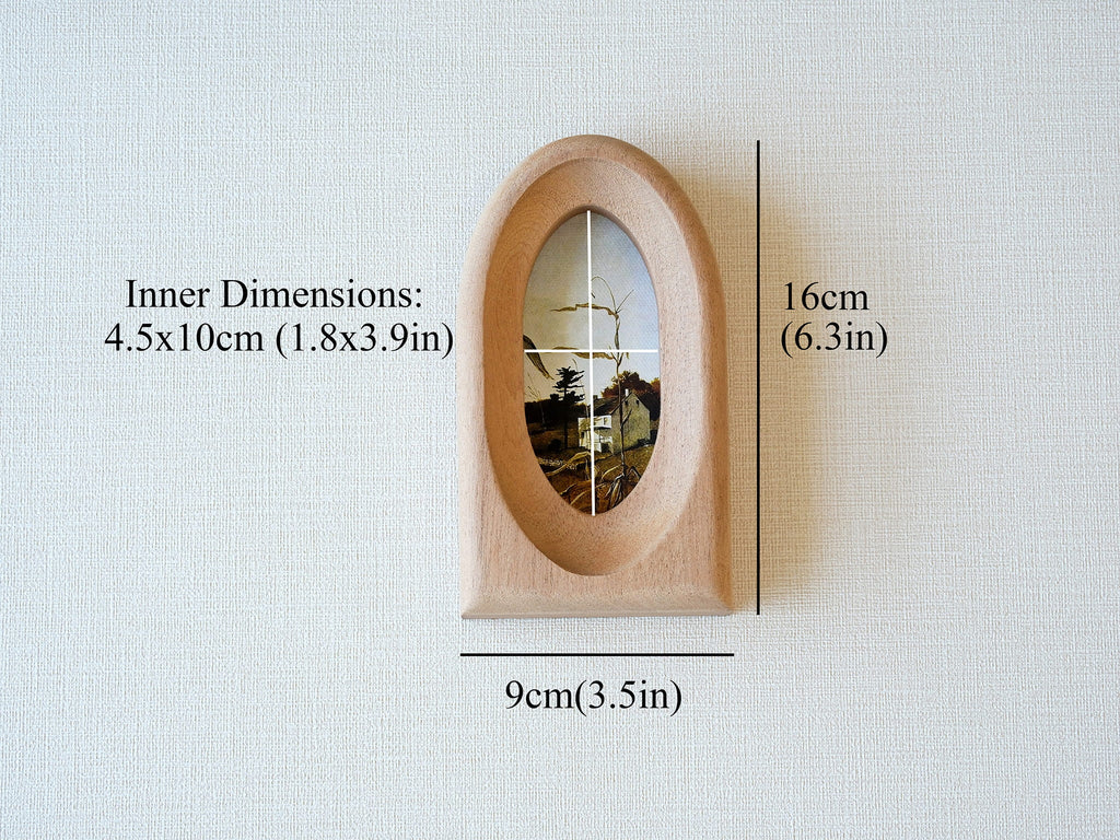 Dimensions for arched frame: 16x9cm outer size, with a 4.5x10cm inner window for vertical artwork.