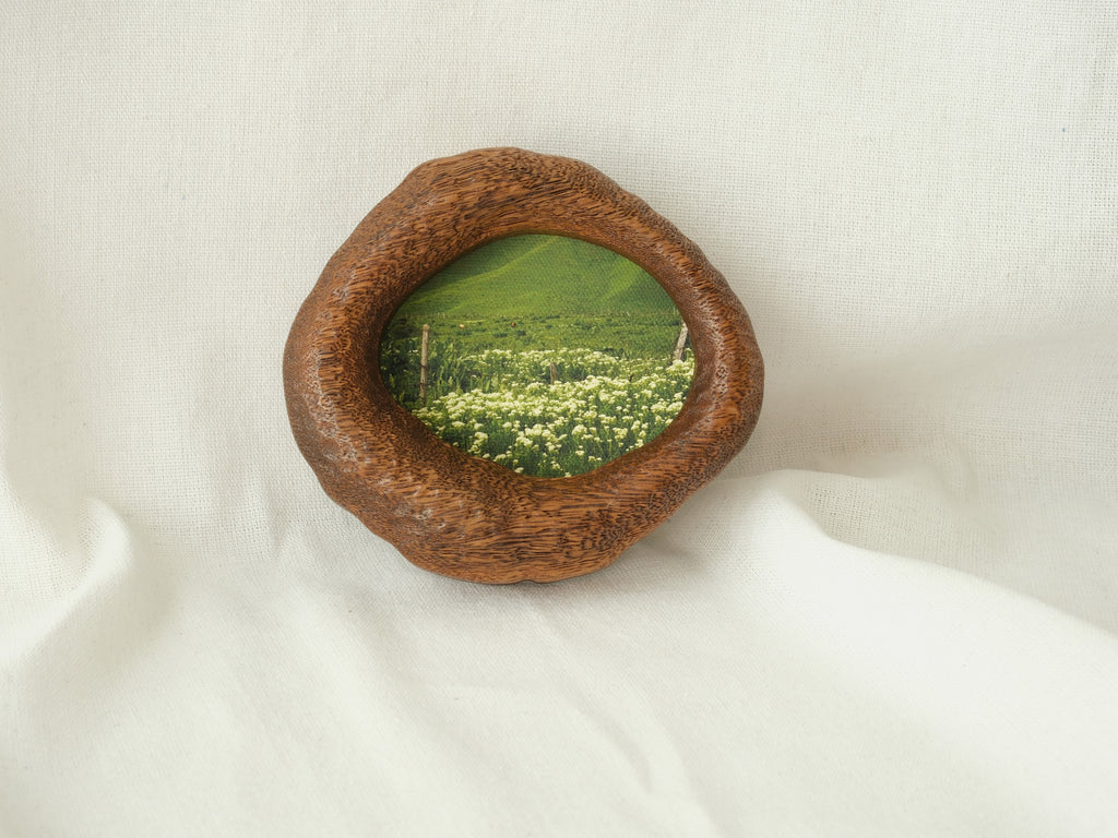A soft-focus lifestyle shot of the lake-shaped organic wood frame resting on drapes of white fabric, showcasing its sculptural presence as a gentle wall accent with the meadow landscape art.