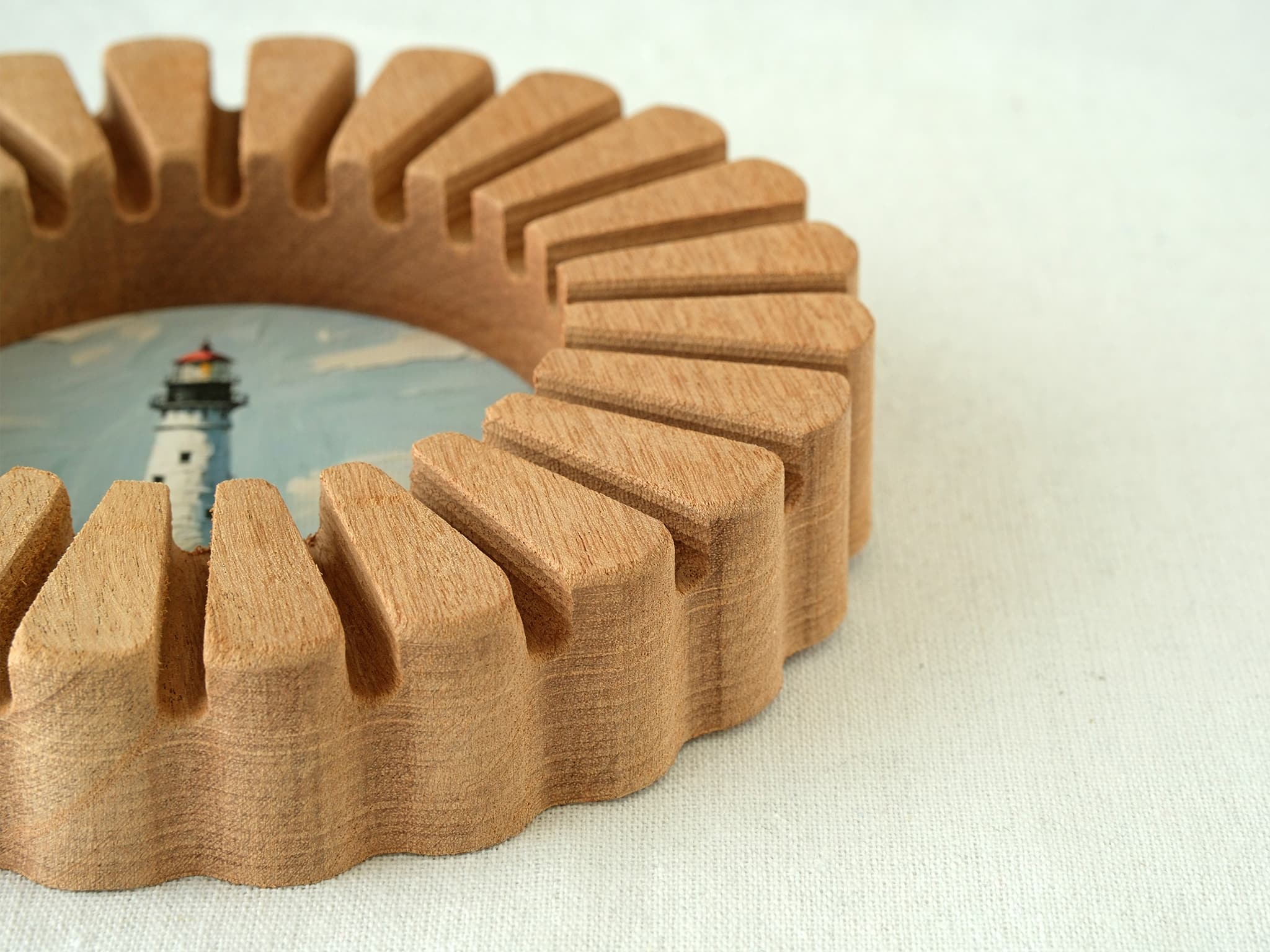 Close-up of the sunflower circular solid wood frame, showing the detailed scalloped texture and premium handcrafted wood finish.