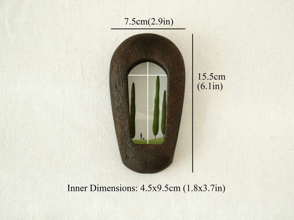 Dimensions for the black slim arch: 15.5x7.5cm outer size, with a 4.5x9.5cm inner window for vertical art.