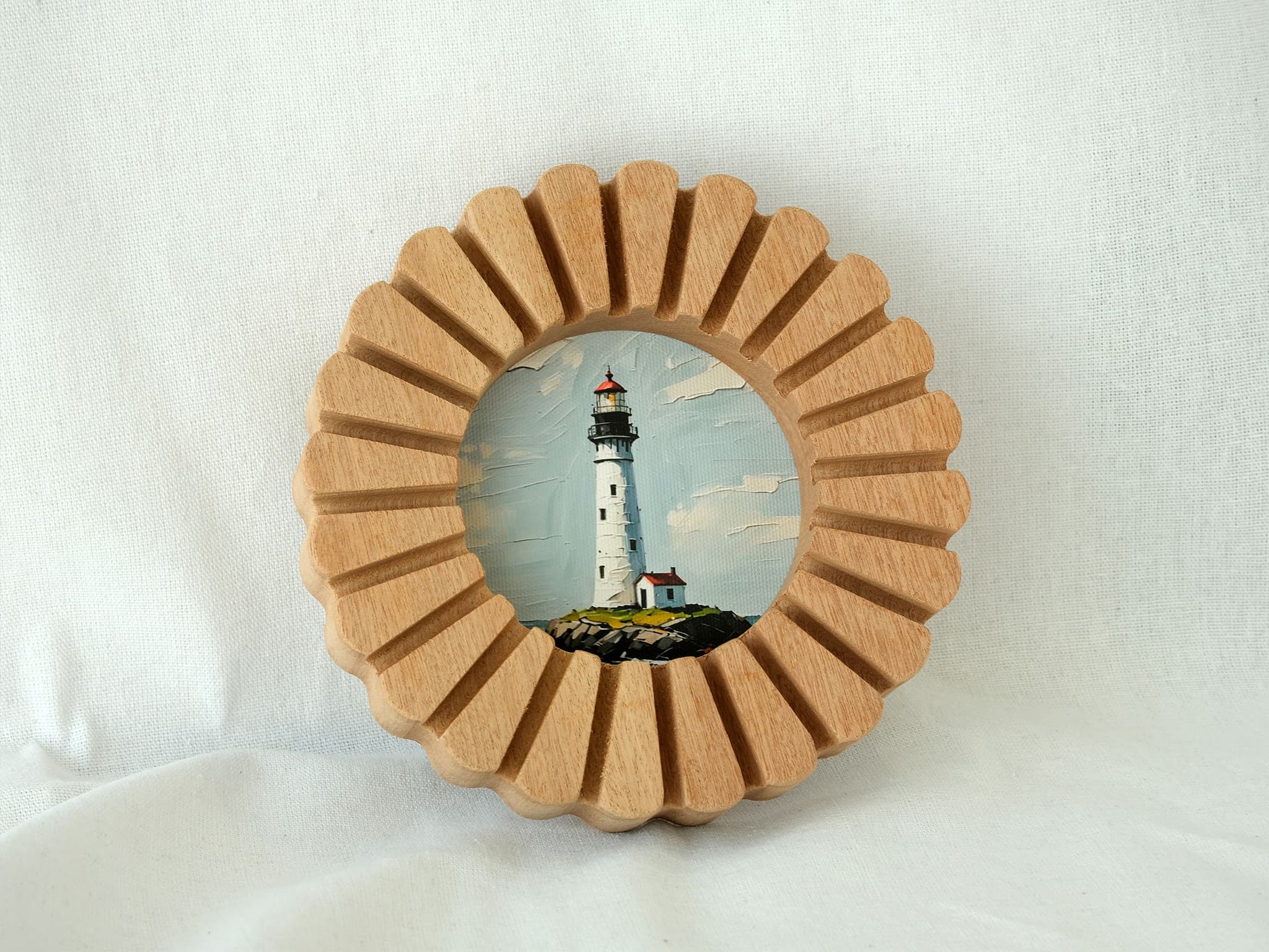 The sunflower solid wood frame leaning against a white textured wall, showing its sunburst edge.