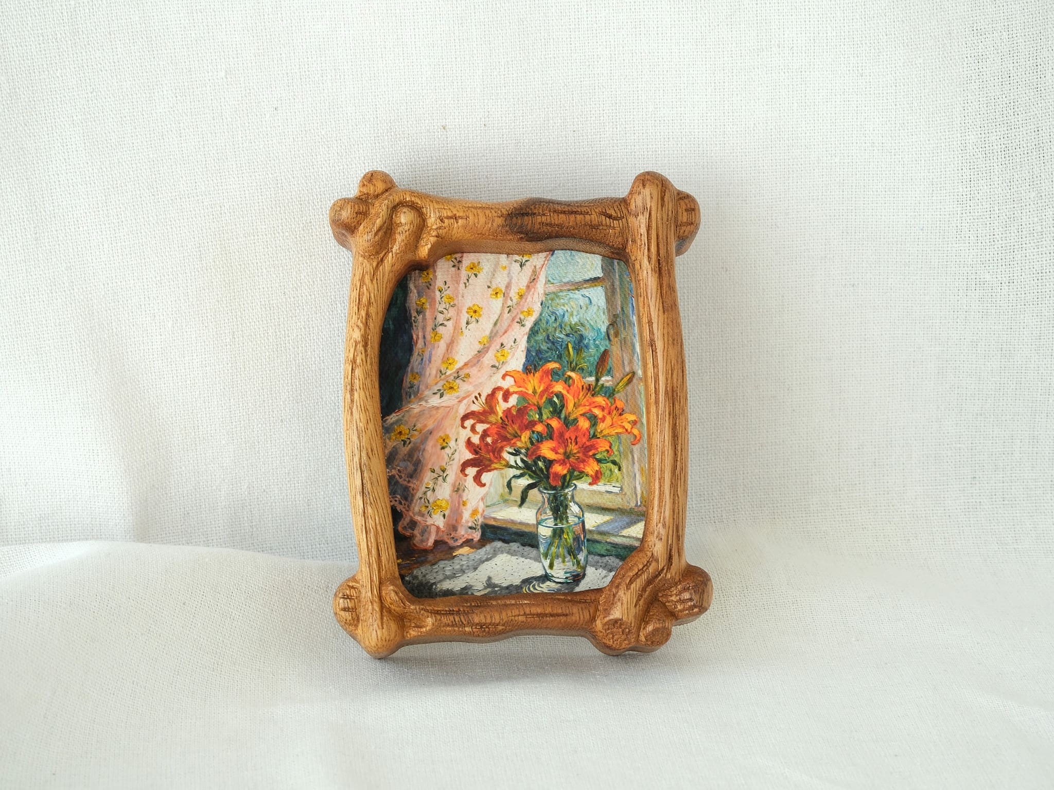 The handcrafted organic solid wood frame standing against a white wall, highlighting its biomorphic branch-like design.