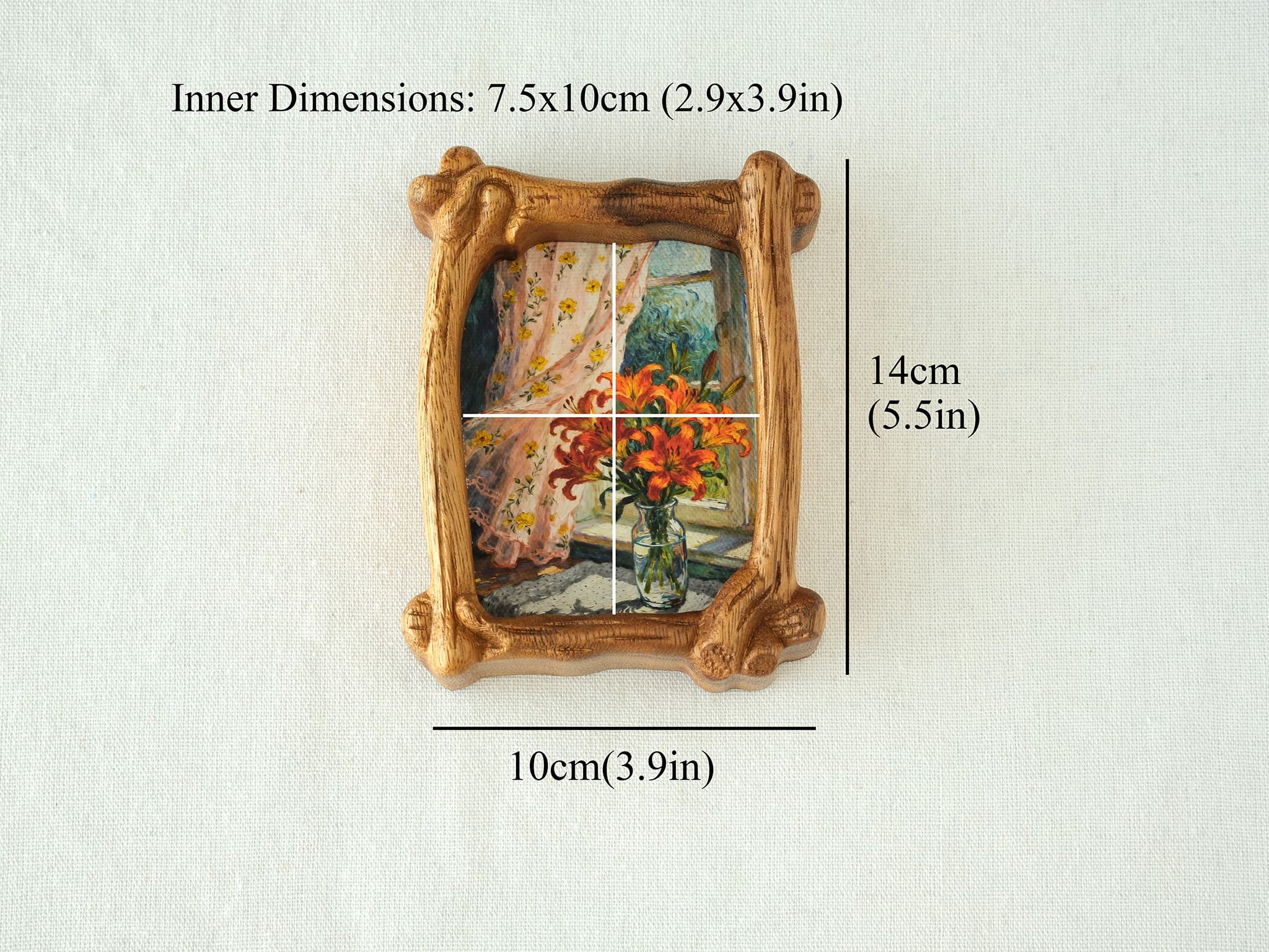 Size chart of the organic wood frame showing outer dimensions 14x10cm and inner photo dimensions 7.5x10cm (2.9x3.9in)