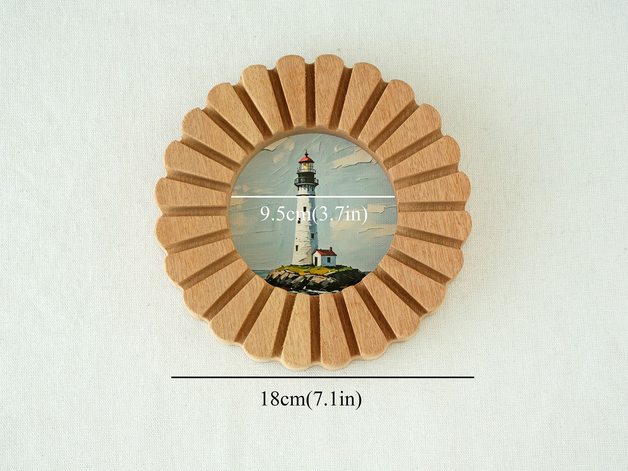 Size chart of the sunflower circular frame: 18cm (7.1in) total diameter with a 9.5cm (3.7in) inner display.