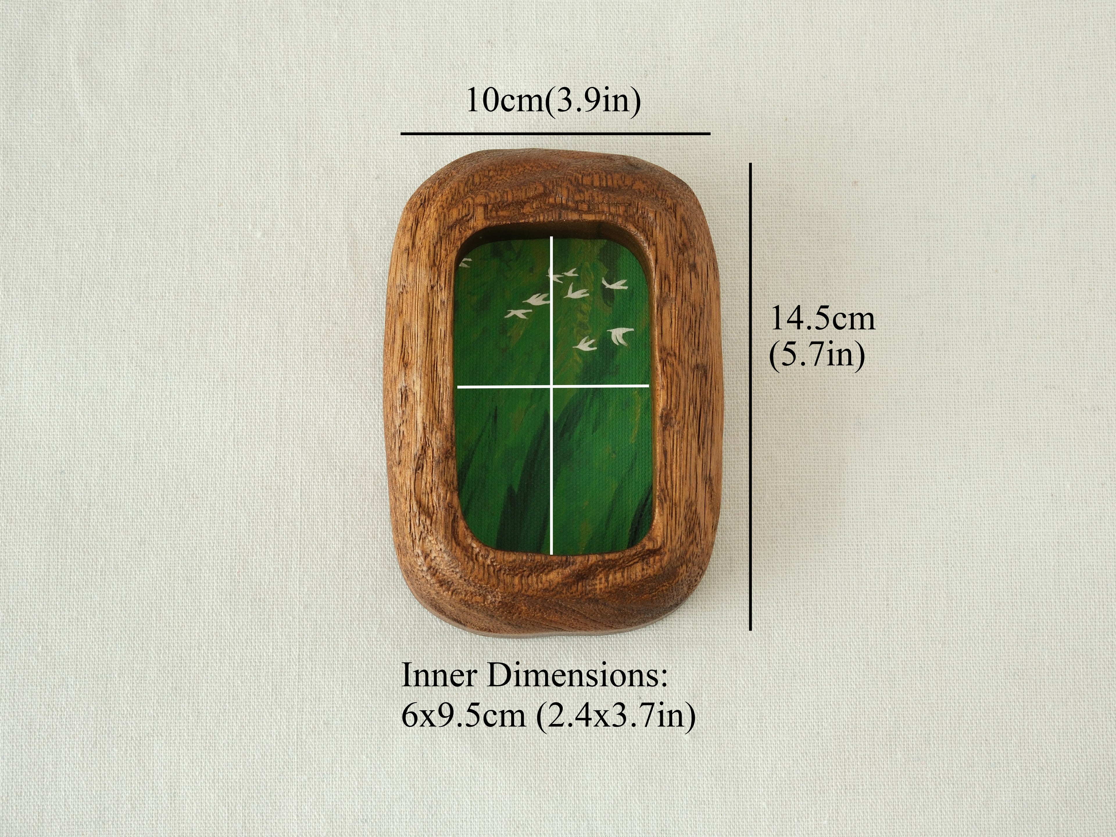 Size chart of the Rounded Rectangle solid wood frame, indicating external dimensions of 14.5x10cm (5.7x3.9in) and inner artwork dimensions of 6x9.5cm (2.4x3.7in).