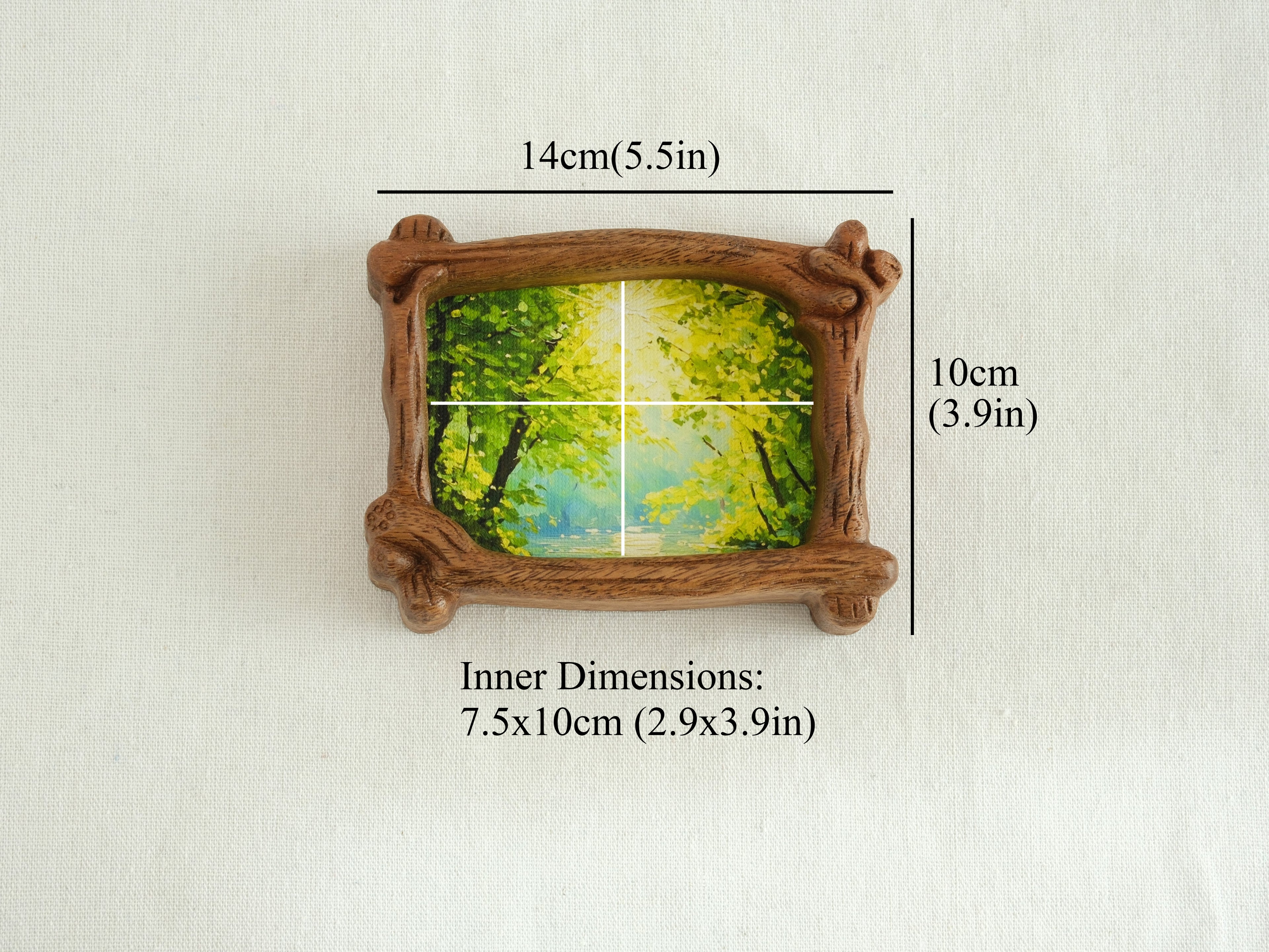 Front view of handmade wooden forest art frame desktop decor showing 14x10cm dimensions.