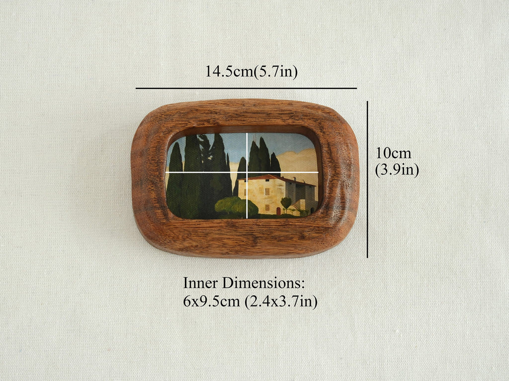 Size guide for the walnut wood frame showing outer dimensions 14.5x10cm and inner art size 6x9.5cm.