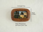 Size guide for the walnut wood frame showing outer dimensions 14.5x10cm and inner art size 6x9.5cm.